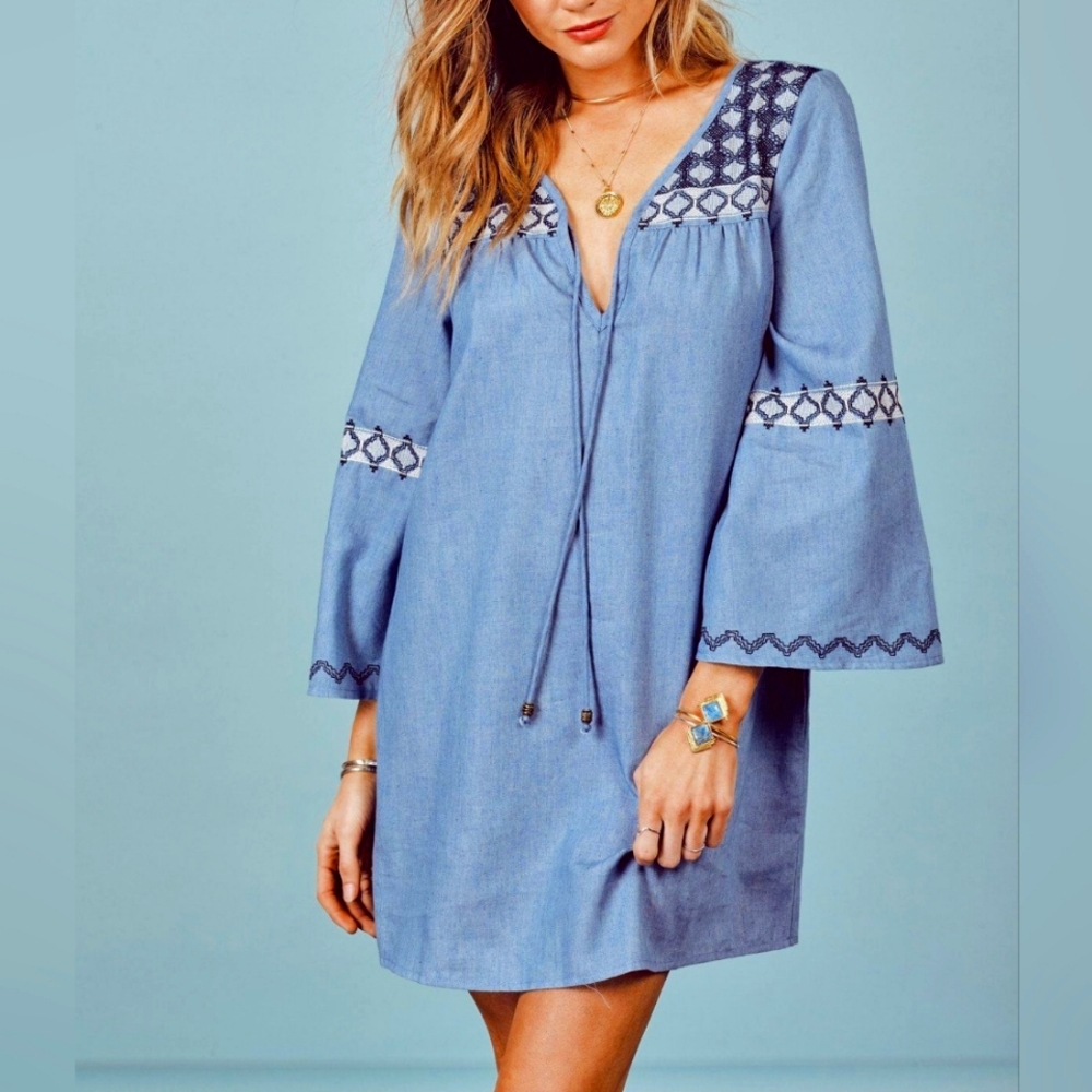 Lovestitch Blue Boho Dress with Embroidered Details Size S Bell Sleeve